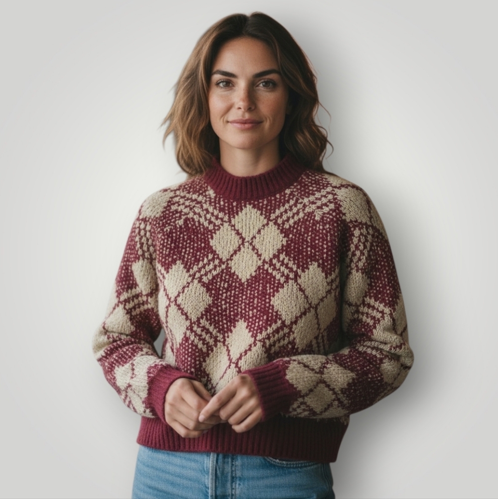 Burgundy Argyle Cropped Sweater Medium Dark Academia Preppy Y2K 2000s‎ Vintage